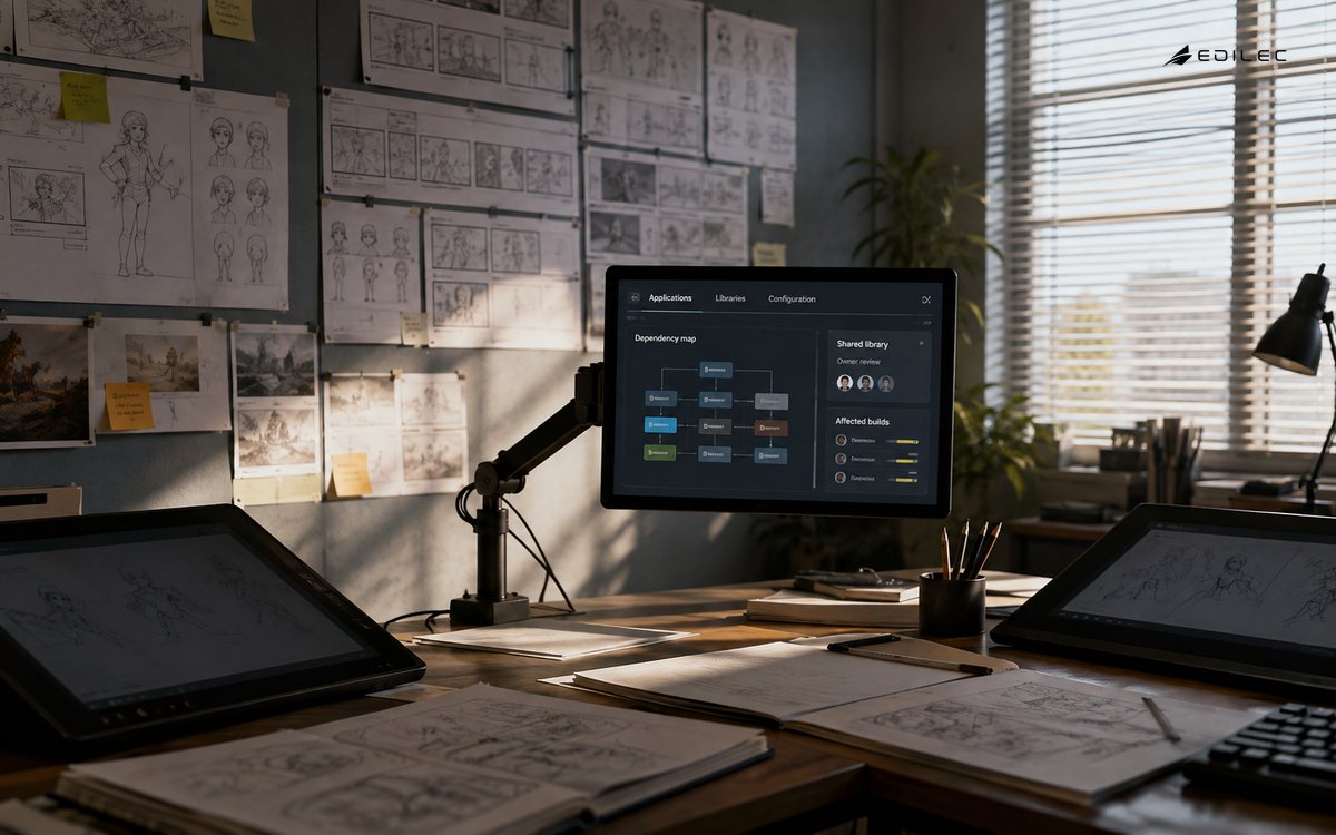 Medium wide photograph of an animation production studio with drawing tablets set aside, storyboards and a small opaque monitor on a credible arm.