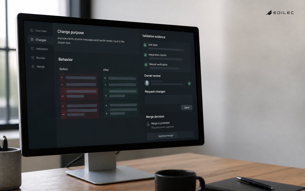 A code-review interface connects change purpose with validation evidence and reviewer decisions.