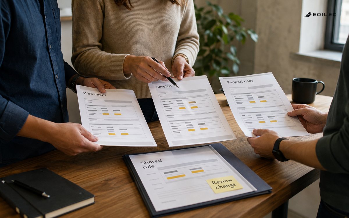 Side close photograph of standing product team hands consolidating three printed pricing-rule copies into a single agreed-rule folder on a studio high table, no screens or actual prices.