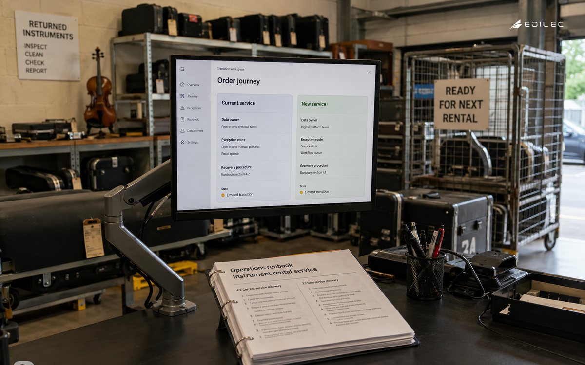 Medium wide photograph of a musical instrument rental depot with returned cases and an operations station.