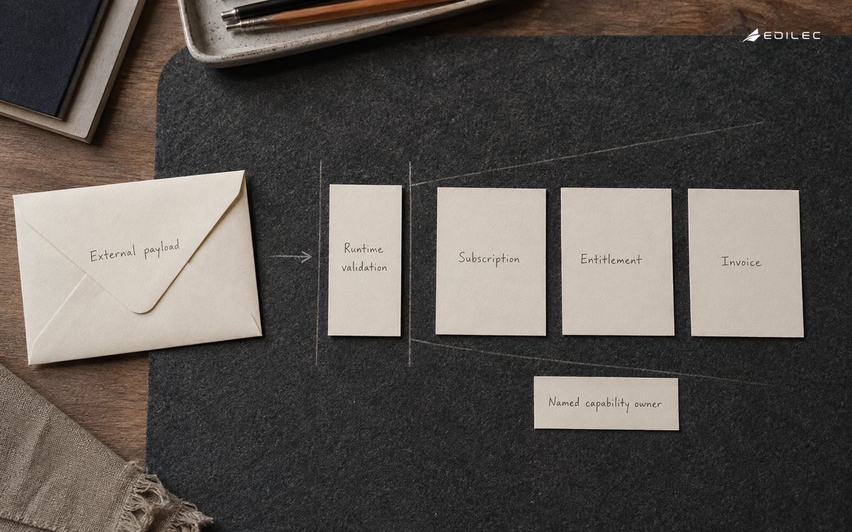 Paper cards place runtime validation between an external payload and named product capabilities.