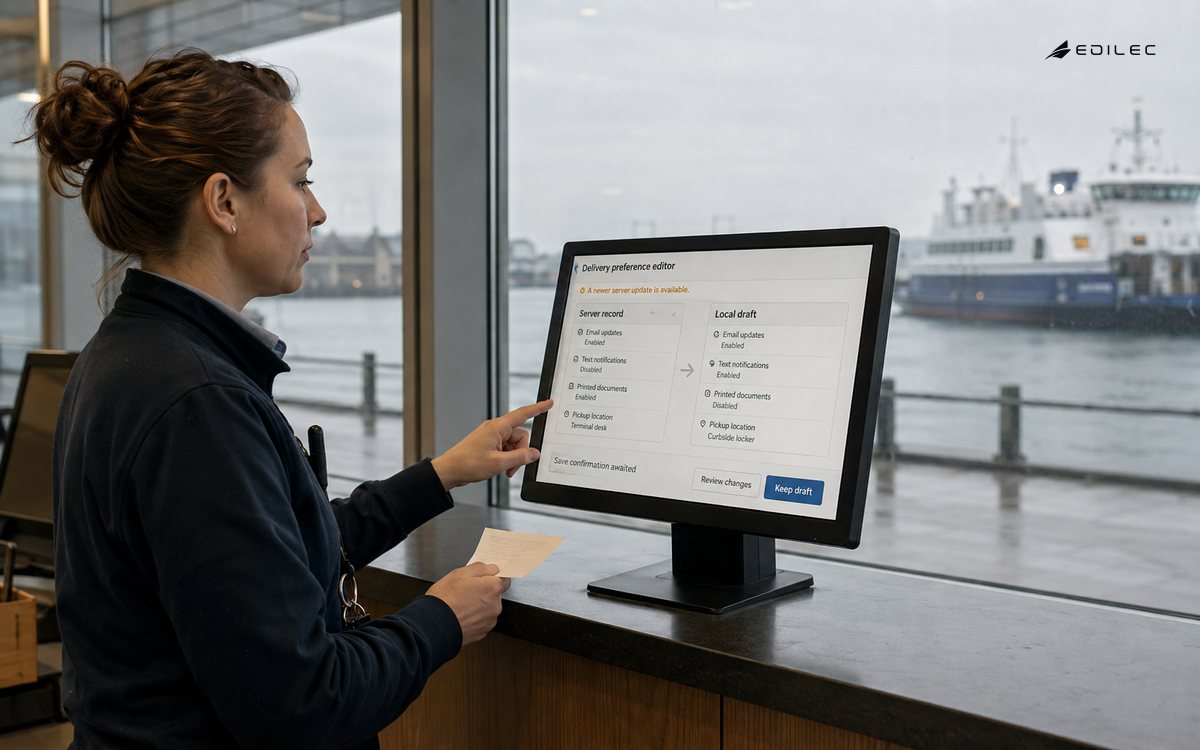A standing coordinator reviews a local delivery draft beside a newer server state.