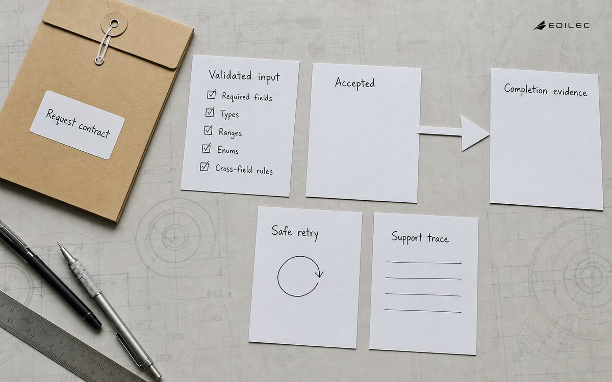 Paper contract cards distinguish an accepted API request from completion evidence and safe retry.