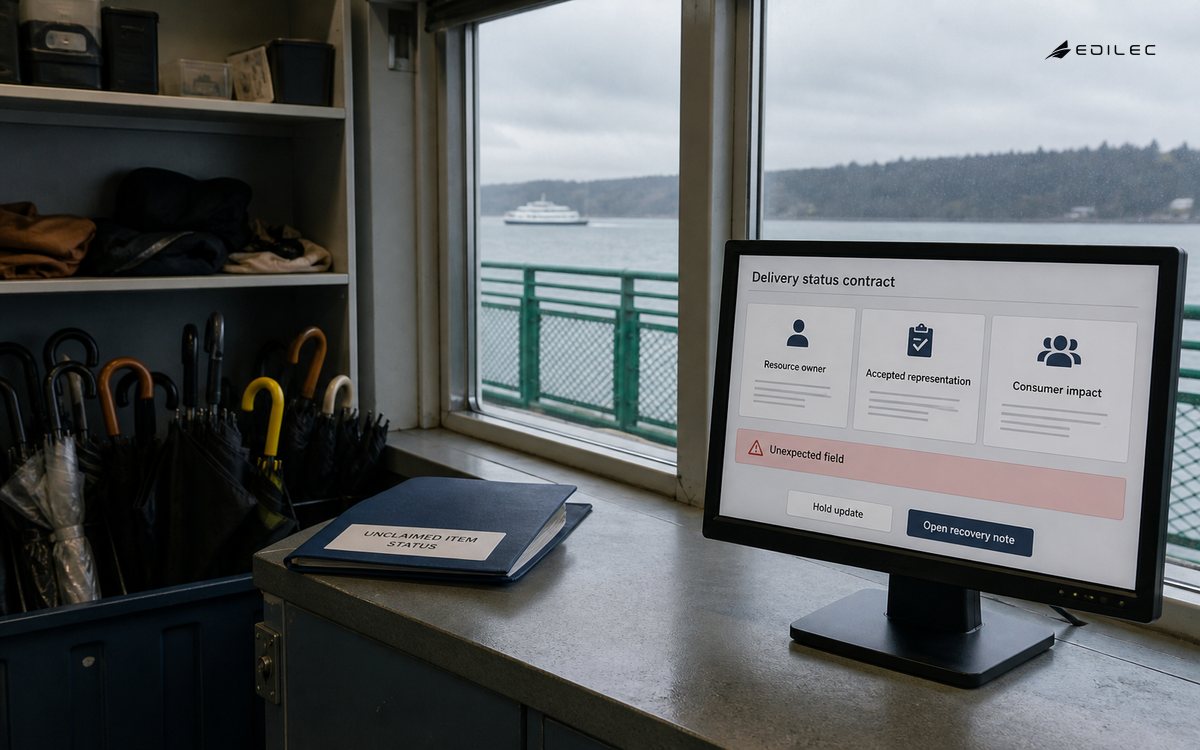 A ferry service office shows an unexpected status field alongside ownership and recovery context.
