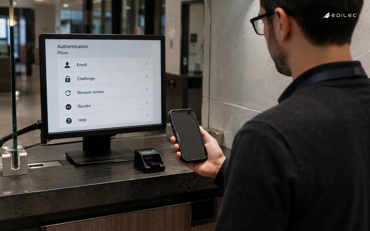 Over-shoulder documentary photo of standing IT tester holding an unbranded phone with real thick casing beside an enrollment checklist at a secure service counter, no credentials shown.