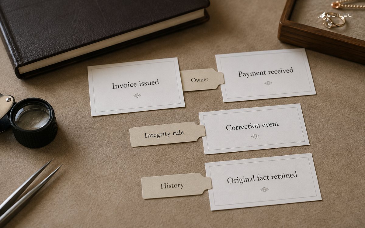 Invoice, payment and correction cards preserve distinct facts and their history.