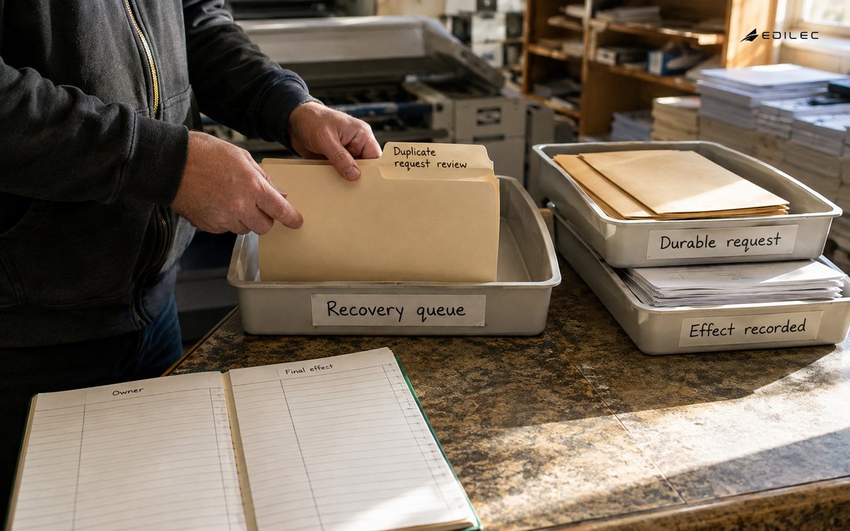 Hands place a duplicate-request review folder beside final-effect and recovery records.