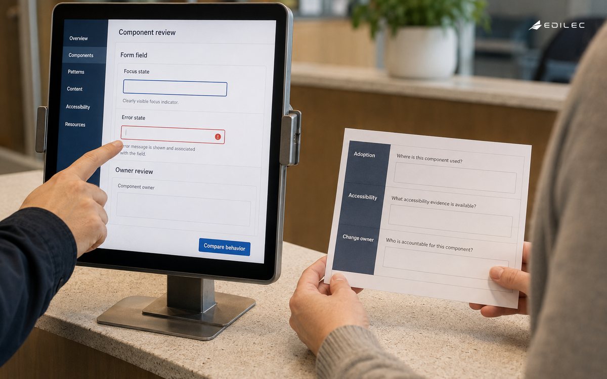 Colleagues review interface behavior and ownership at a civic service counter.