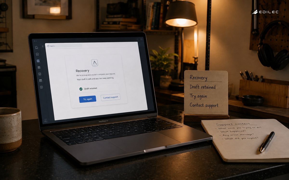 Medium evening photograph in a small founder support studio, a manufactured laptop open on a compact counter beside an error recovery card and support notebook, warm practical lamp and shelves.
