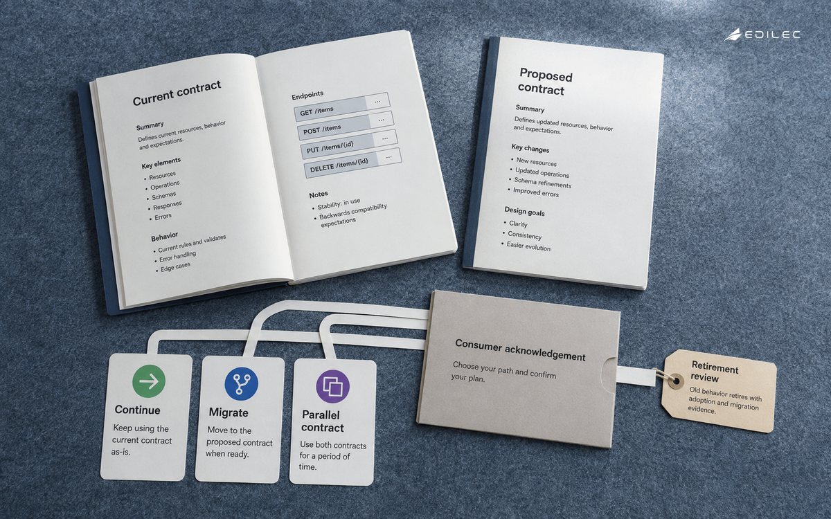 Current and proposed API contract booklets are paired with consumer migration choices.