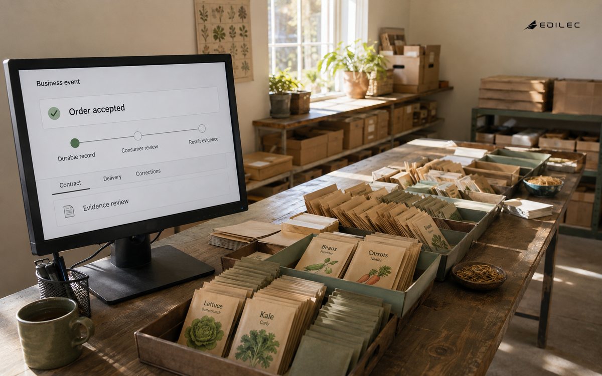 A seed order room shows an accepted-order fact connected to a durable record and consumer review.