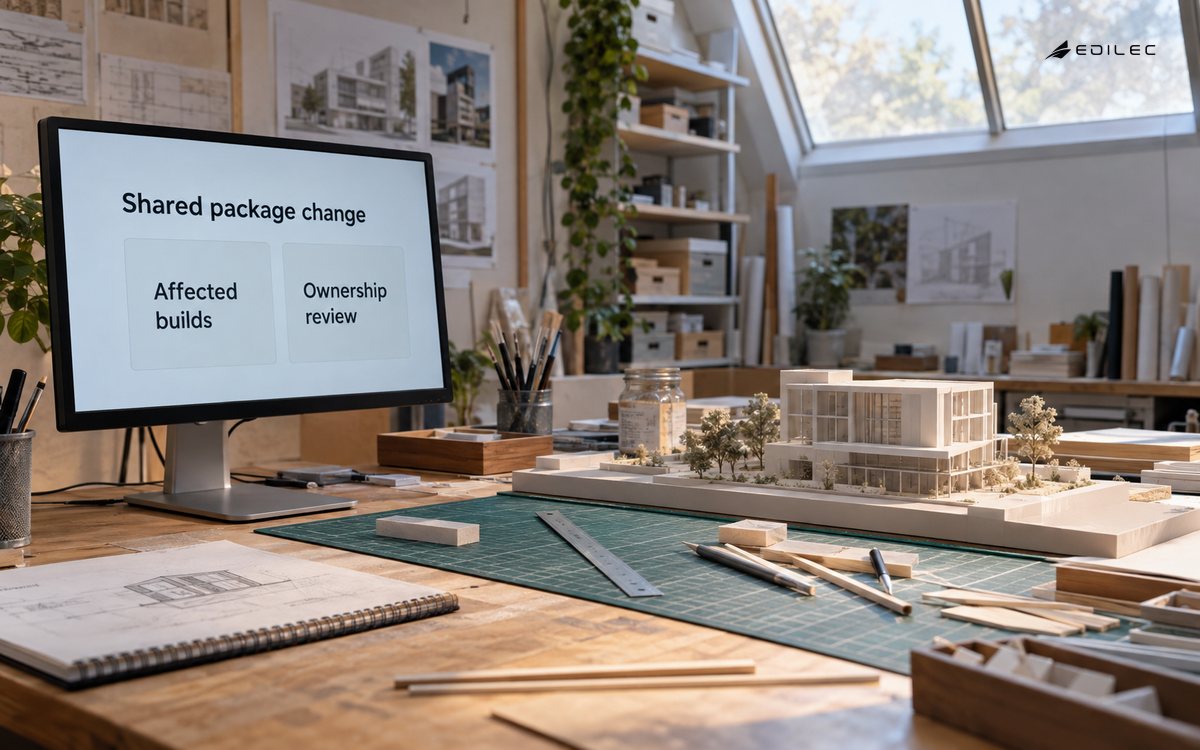 A model-making studio shows a shared-package change linked to affected builds and ownership review.