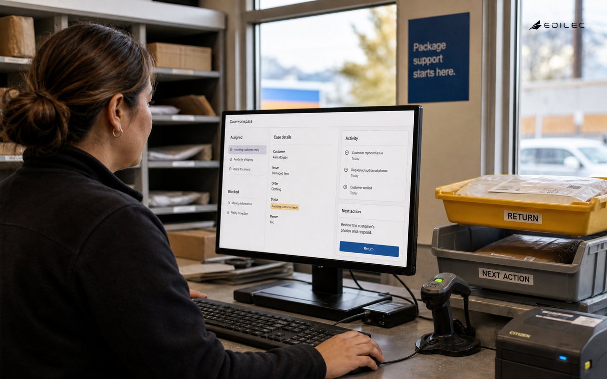 Editorial view at a parcel support counter with organized trays, a modest monitor on a solid pedestal, warm daylight.