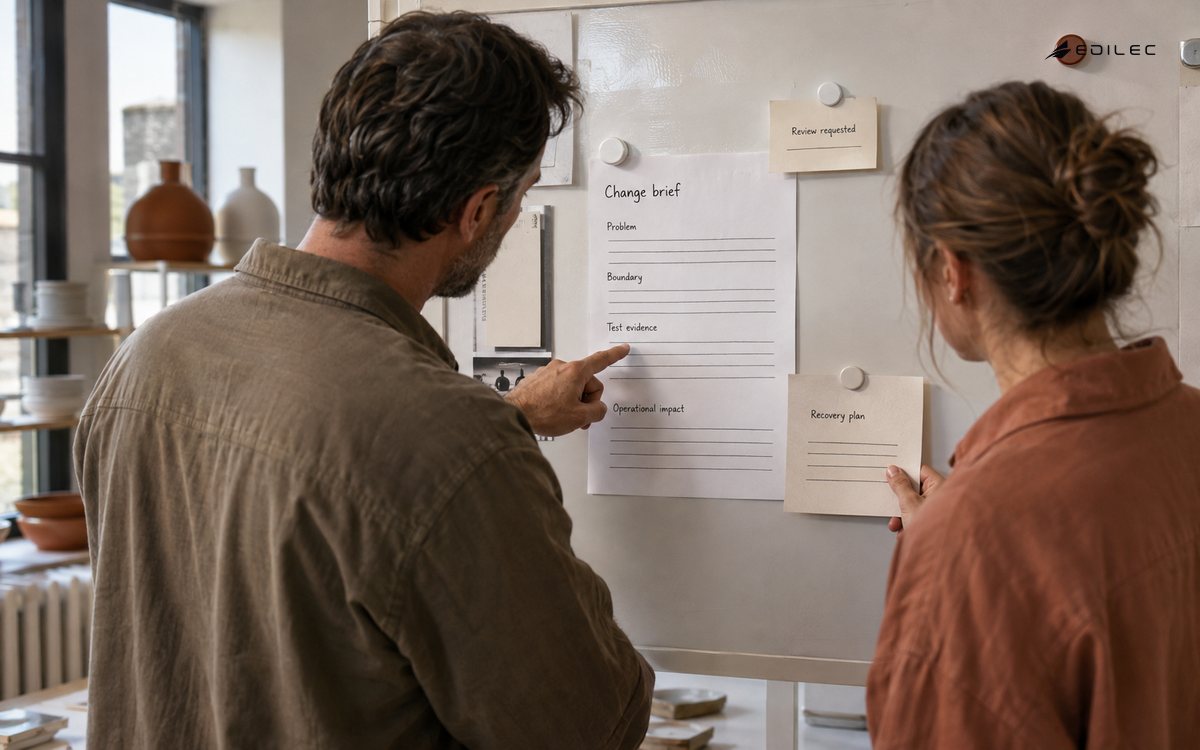 Standing colleagues review a change brief with test evidence and a separate recovery plan.