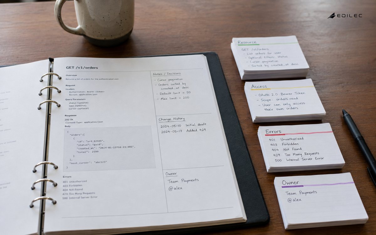 Editorial view of a ring-bound API contract opened beside resource, validation, and error example cards on a maintainer handoff table; daylight, no display.