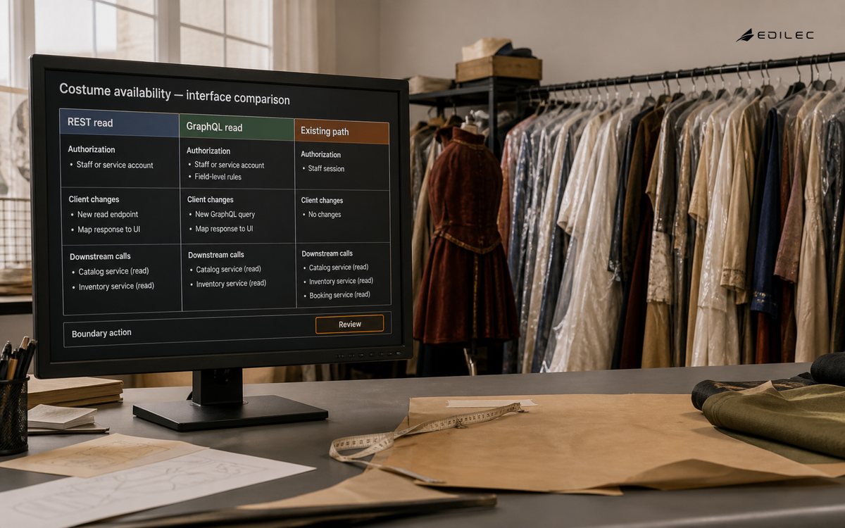 A costume-rental office compares interface choices for an availability workflow.
