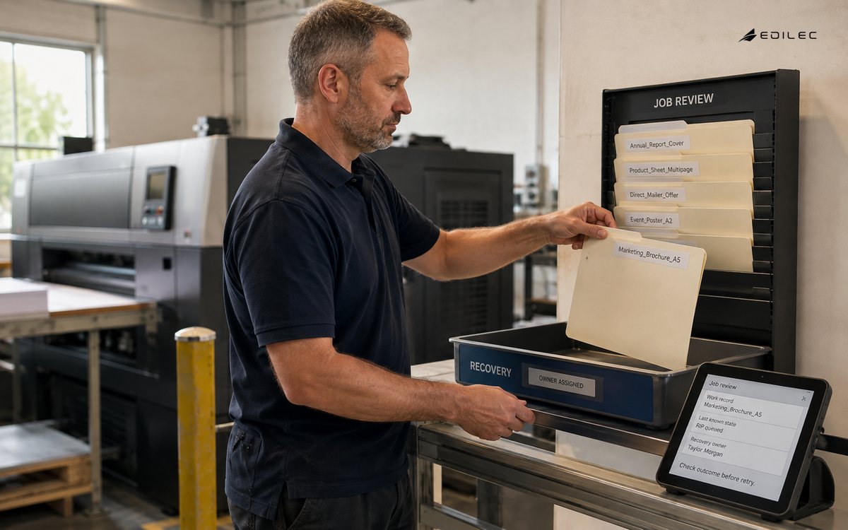 A print-shop operator checks a job record before recovery.