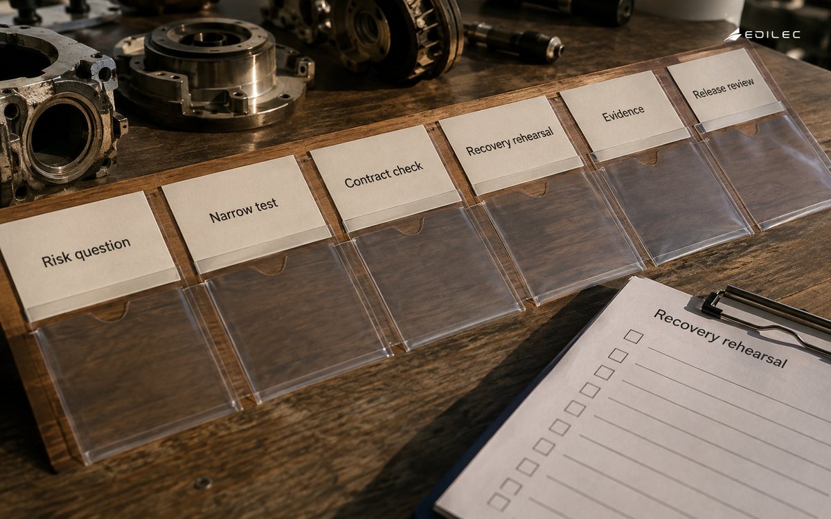 A test pack connects risk questions to focused checks and recovery evidence.