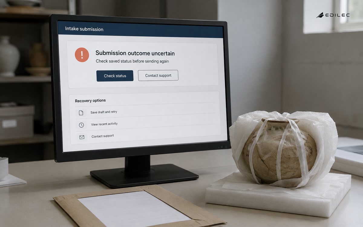 An intake screen explains an uncertain submission outcome and offers a safe status check and support route.