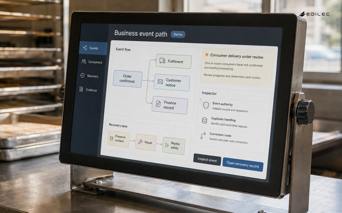 A bakery planning terminal shows an order event reaching several consumers with a separate recovery route.