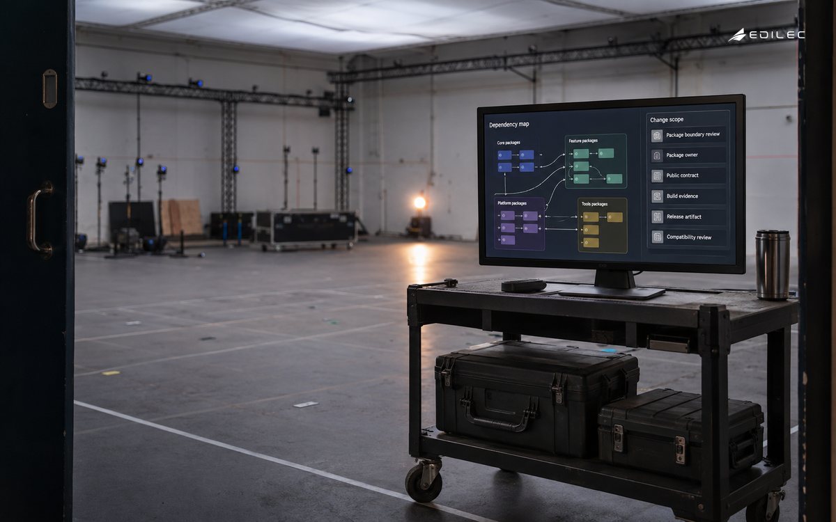 A development stage shows a package-change review with ownership and compatibility evidence.