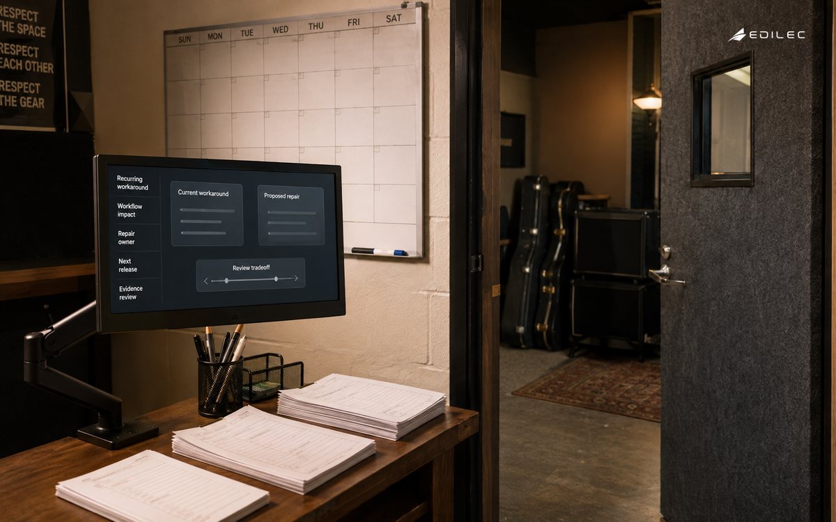 A studio booking office compares a recurring workaround with a proposed repair.