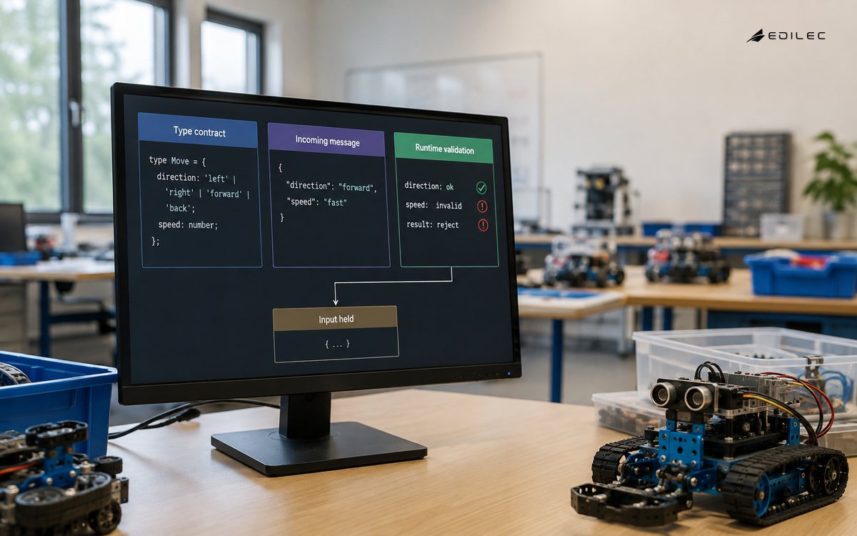 Wide view in an educational robotics lab, small robot kits blurred on benches.
