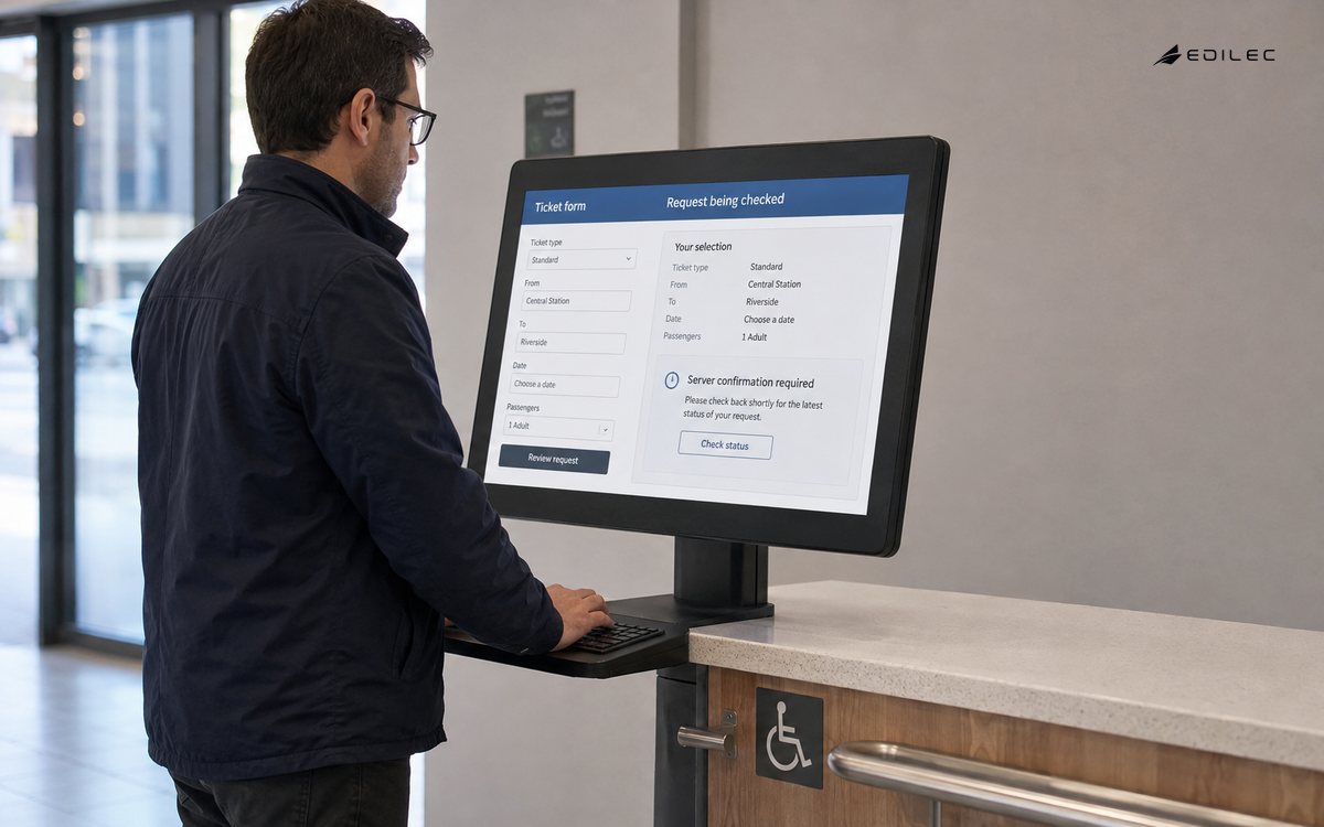 Side-view photo of a standing person operating a supported opaque accessible ticket kiosk using a physical keyboard shelf, wheelchair-height counter in view.