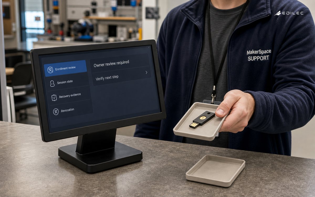 A support technician presents a security key beside enrollment, session and recovery review controls.