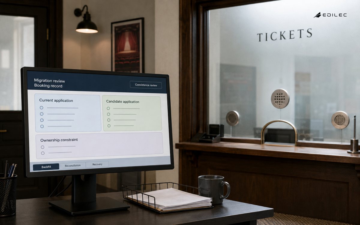 A theatre ticketing room shows a booking-record migration under coexistence and recovery review.