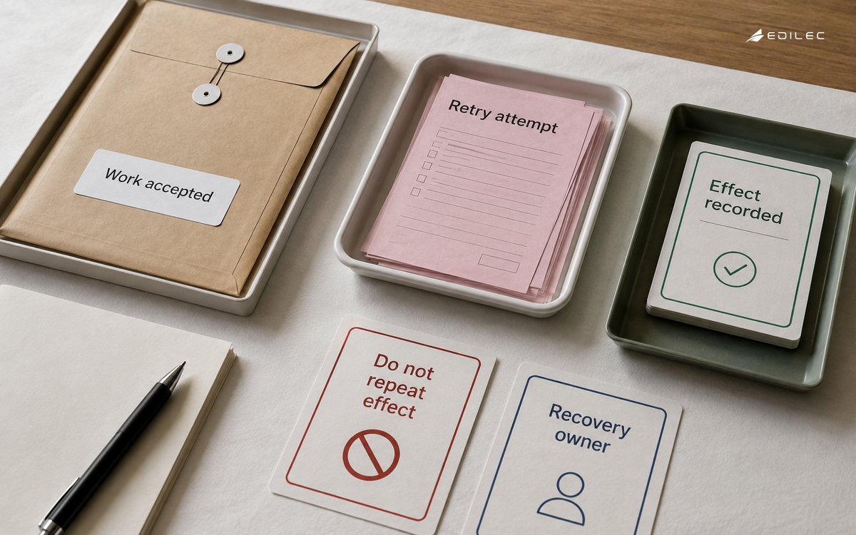 Paper job slips distinguish accepted work, retries and a recorded-effect area.