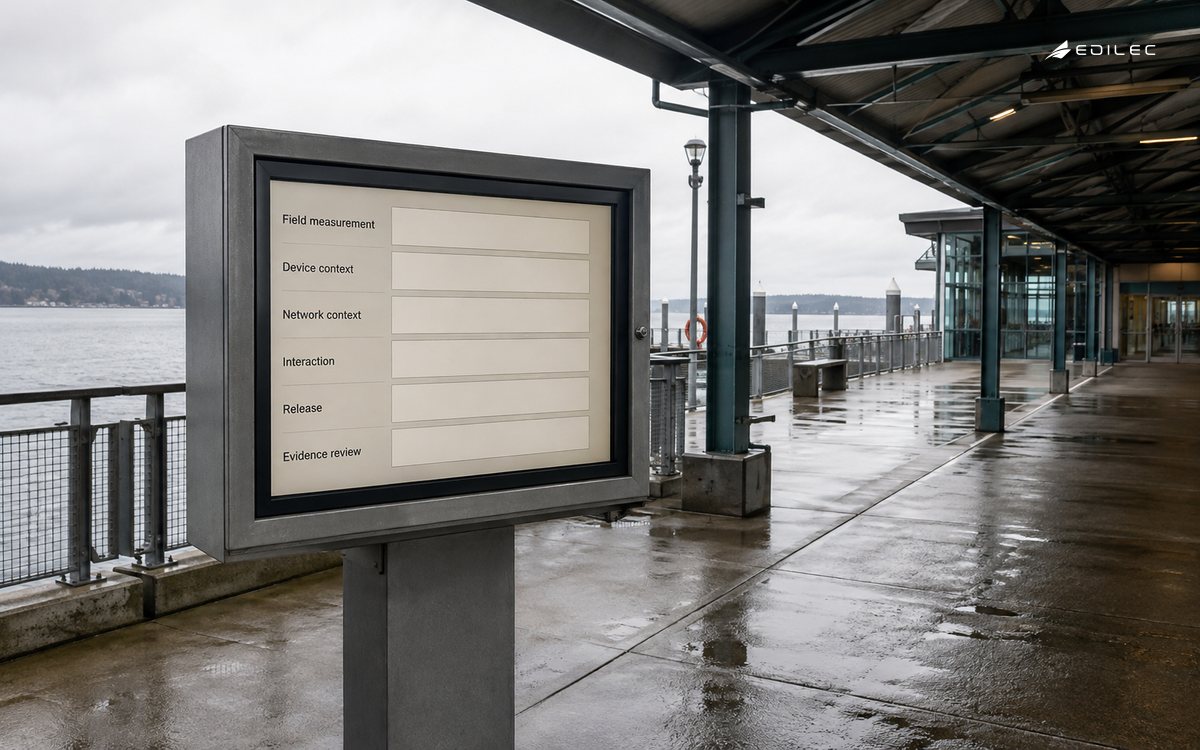 An outdoor information kiosk frames performance review around real device and network context.