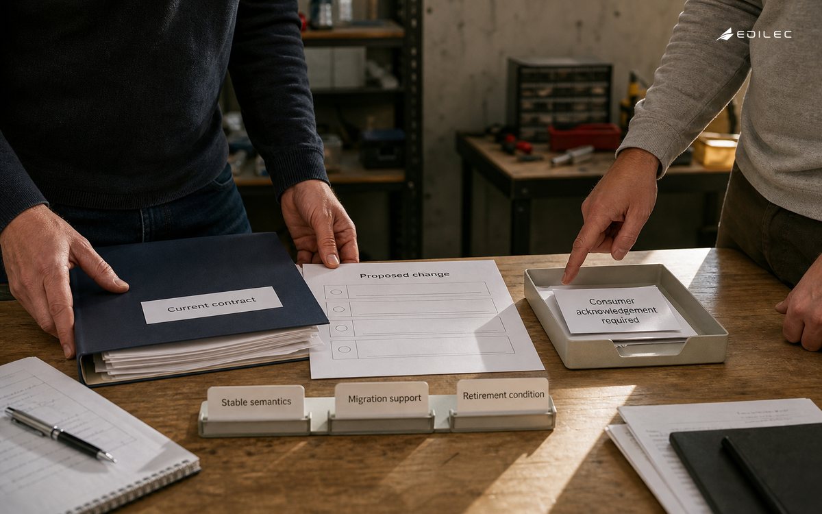 Standing collaborators compare an API contract with a proposed change awaiting consumer acknowledgement.