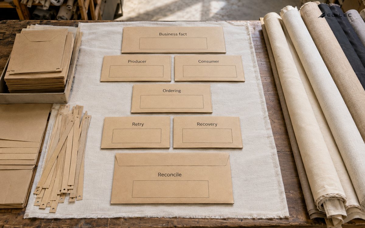 Paper envelopes are arranged around producer, consumer, retry, recovery and reconciliation labels.