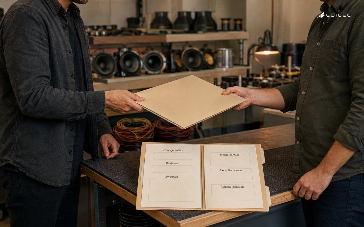 Standing colleagues exchange a blank folder beside labeled code-review planning fields.