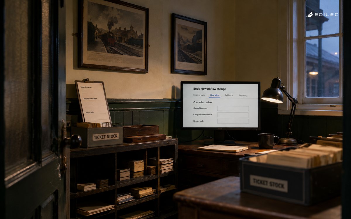 A museum booking office displays a bounded modernization slice beside comparison and recovery context.
