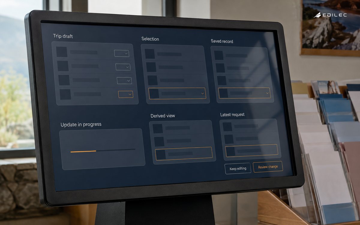 A trip-draft editor separates selected, saved and derived state during an update.