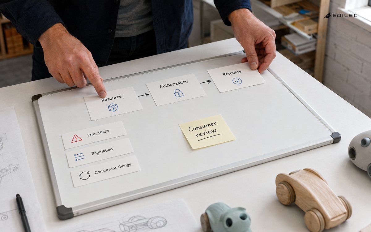 An engineer maps an API resource, authorization and response alongside error and concurrency contracts.