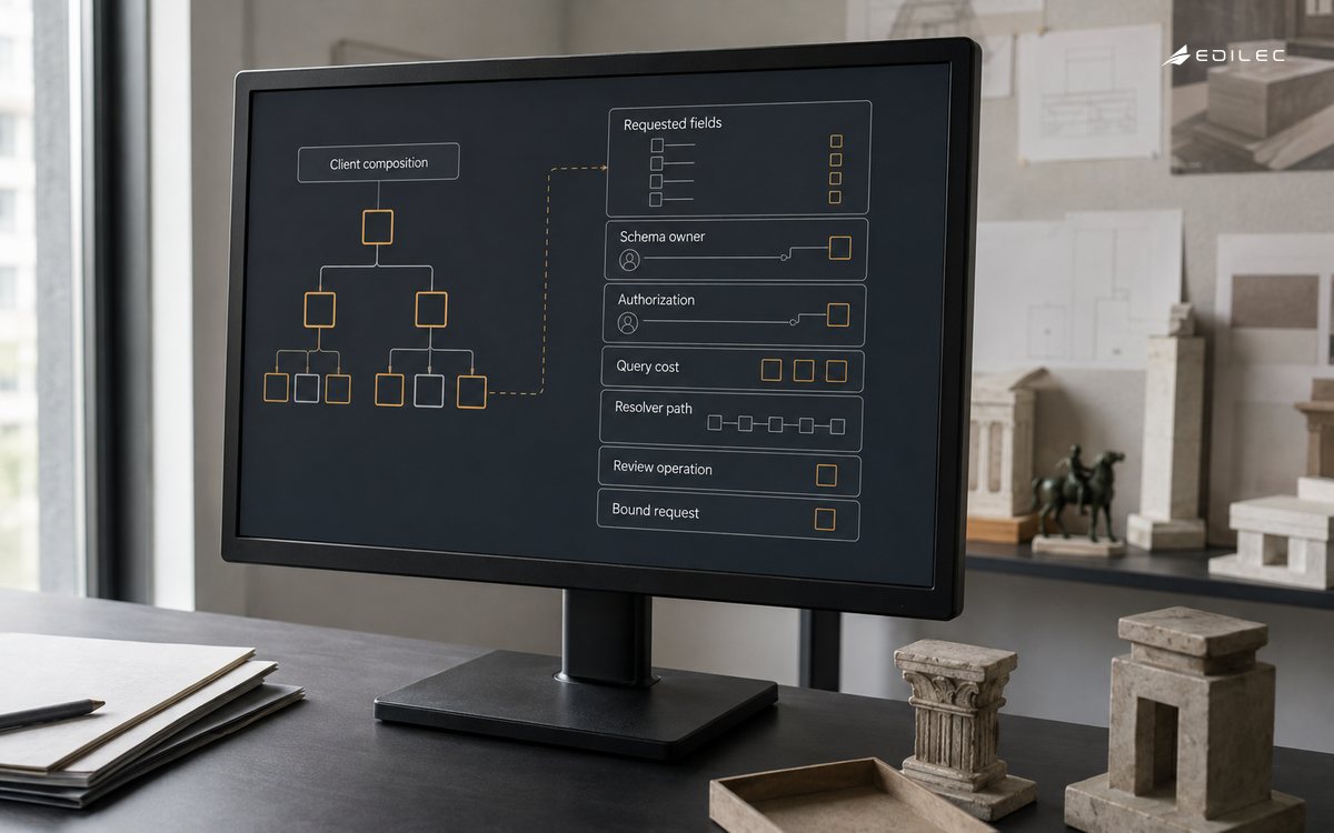 An exhibit-planning monitor connects requested fields with schema ownership, authorization and query-cost review.