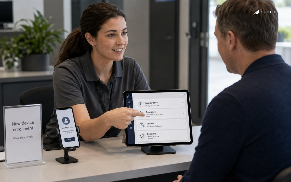 Medium photograph of a new-device enrollment help counter, ordinary phone on a clamp and a small supported tablet, soft daylight.