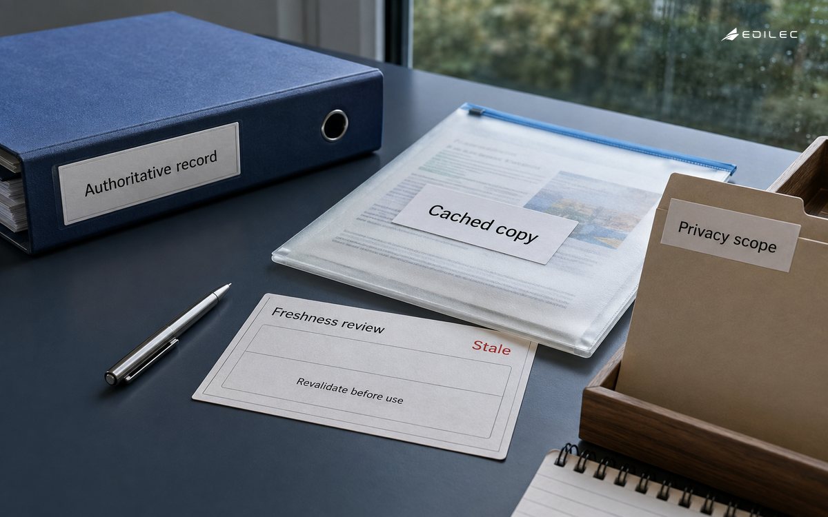 A stale cached copy stays separate from its authoritative record and privacy scope.