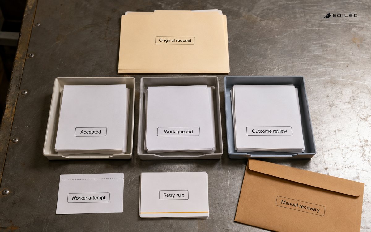 Paper job trays keep the original request separate from worker attempts and outcome review.