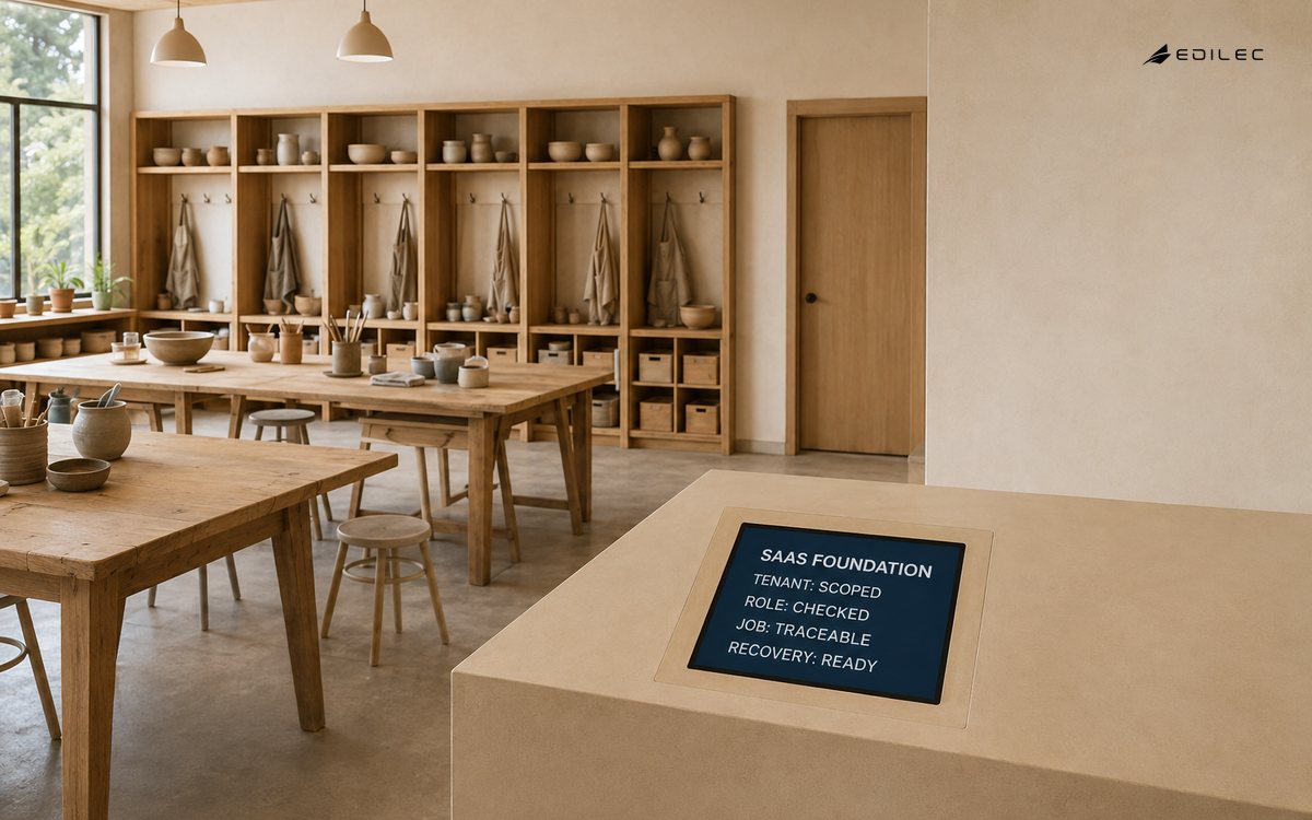 Separated ceramics-studio member bays share common facilities beside a SaaS foundation record for scoped tenants, roles, jobs and recovery.