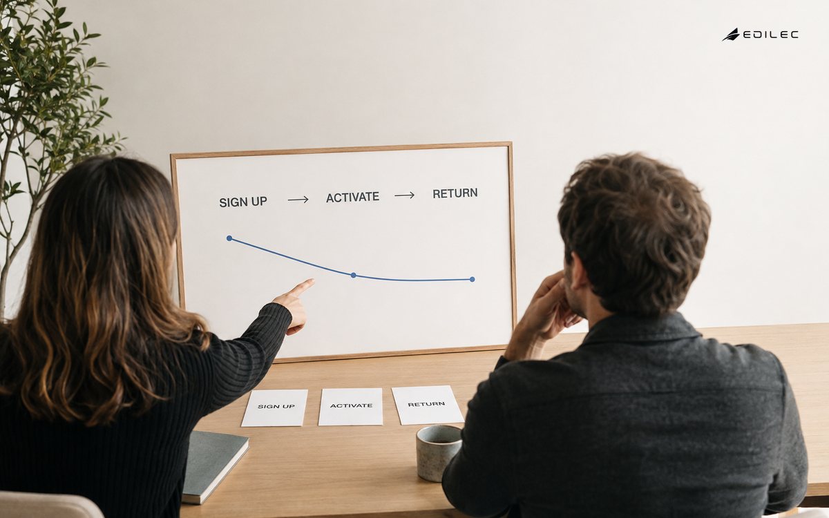 A product lead and engineer review a customer lifecycle labelled Sign Up, Activate and Return.