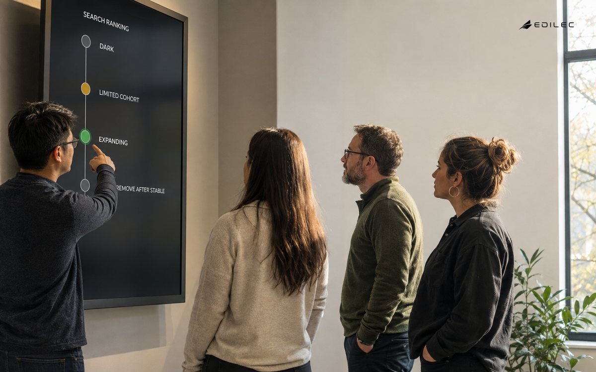 A release team reviewing a feature-flag rail from dark deployment through cohort expansion to retirement.
