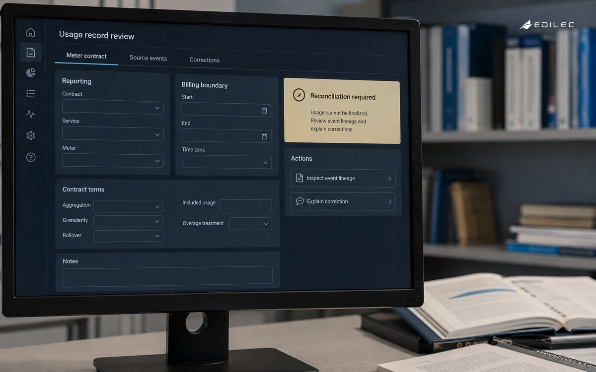 A usage-record console exposes reconciliation and correction history before crossing the billing boundary.