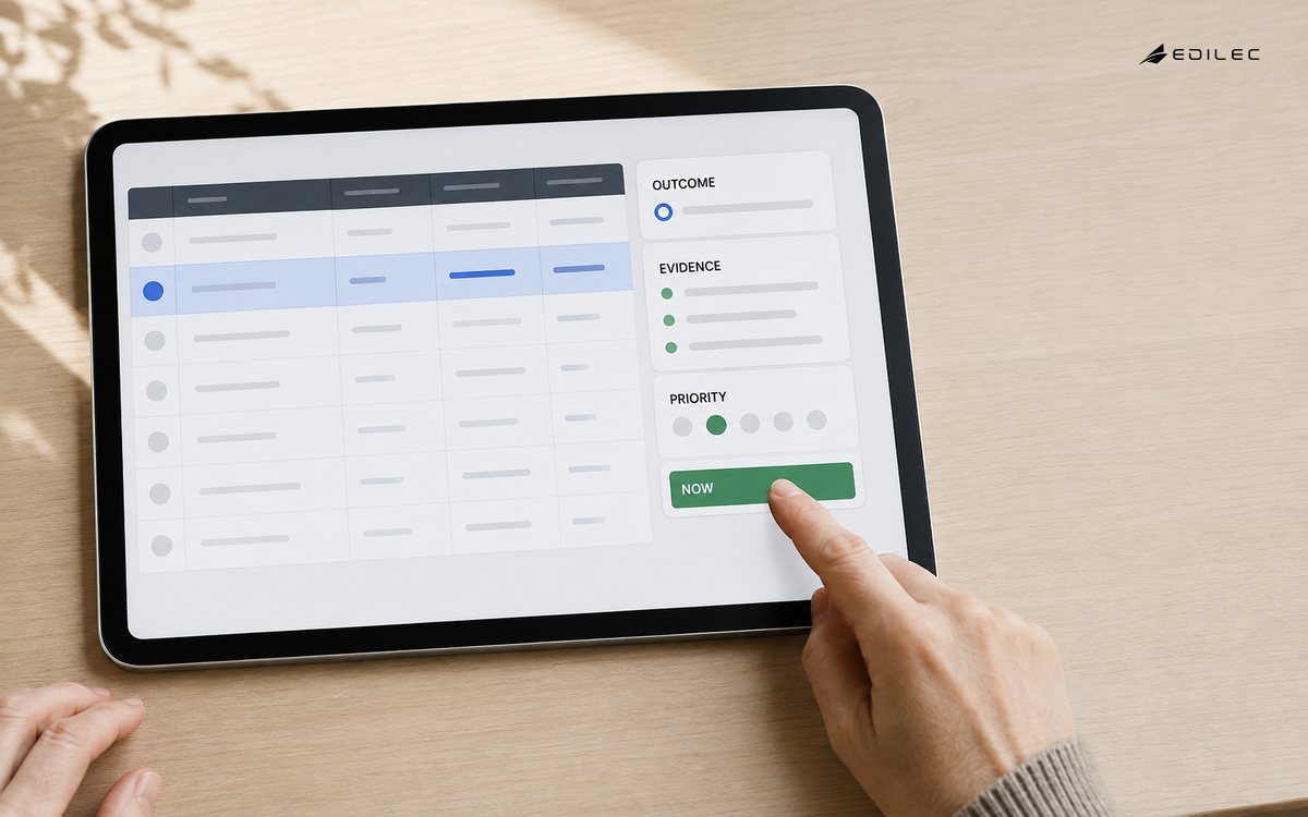 A product-roadmap application weighs Outcome and Evidence, sets Priority and selects Now.