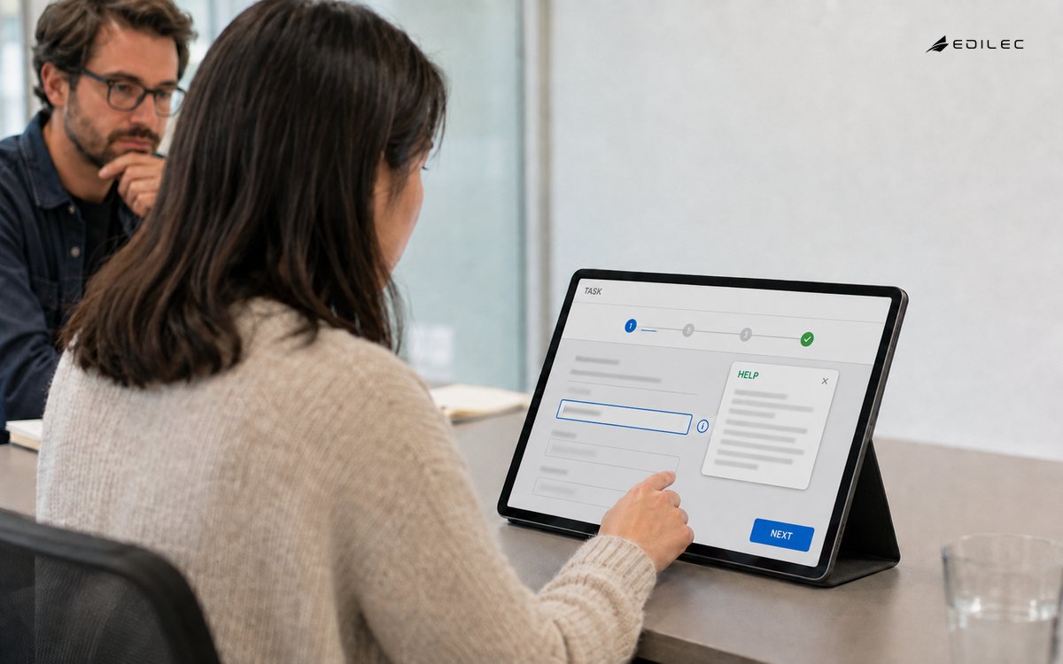 A user follows an in-app task and help flow on a tablet while a colleague observes; the final progress state is a check icon.