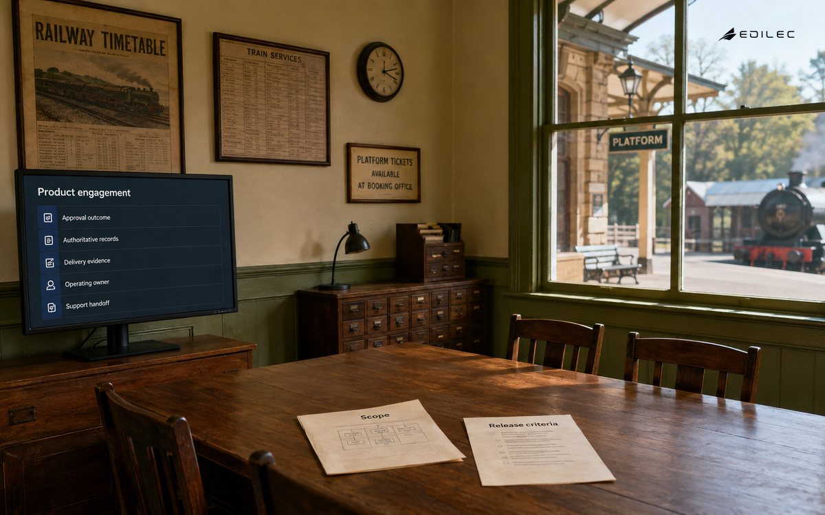 A heritage-railway product room connects an approval outcome with delivery evidence and operating ownership.