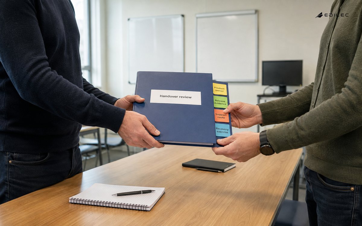 Two project colleagues exchange a handover binder covering ownership, release evidence and recovery.
